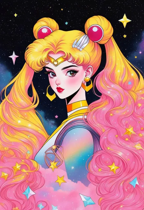 Nostalgia 90s marker art - [Sailor Moon] an angelic cyberpunk woman, marker style outlines, eyeliner makeup and long pink hair, lost in space(stars, glints, galaxy background), floating pose, streetwear design, pro vector, full design, solid colors, warm colors, bright colors, black hair, copic, micron liner, chubby cheeks, vibrant, (crystal octahedron earrings), obsidian design, crystals, nebula clouds