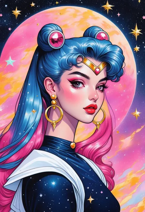 Nostalgia 90s marker art - [Sailor Moon] an angelic cyberpunk woman, marker style outlines, eyeliner makeup and long pink hair, lost in space(stars, glints, galaxy background), floating pose, streetwear design, pro vector, full design, solid colors, warm colors, bright colors, black hair, copic, micron liner, chubby cheeks, vibrant, (crystal octahedron earrings), obsidian design, crystals, nebula clouds