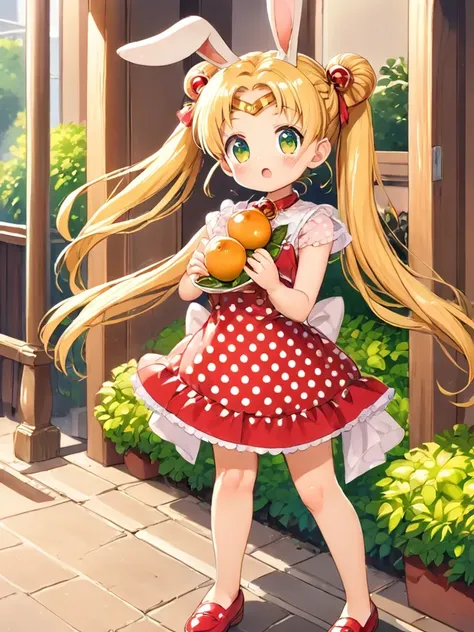 1girl, animal animal ears, bell, blonde hair, blush, bow, braid, dress, food, fruit, full body, green eyes, holding, holding food, jingle bell, long hair, looking at viewer, open mouth, outdoors, polka dot, polka dot dress, rabbit ears, red dress, shoes, short sleeves, solo, standing, striped, striped ribbon
<lora:sdxl-supersailormoon-ponyDiffusionV6XL-AdamW8bit-v1-2-1-000018:0.7>  
supersailormoon