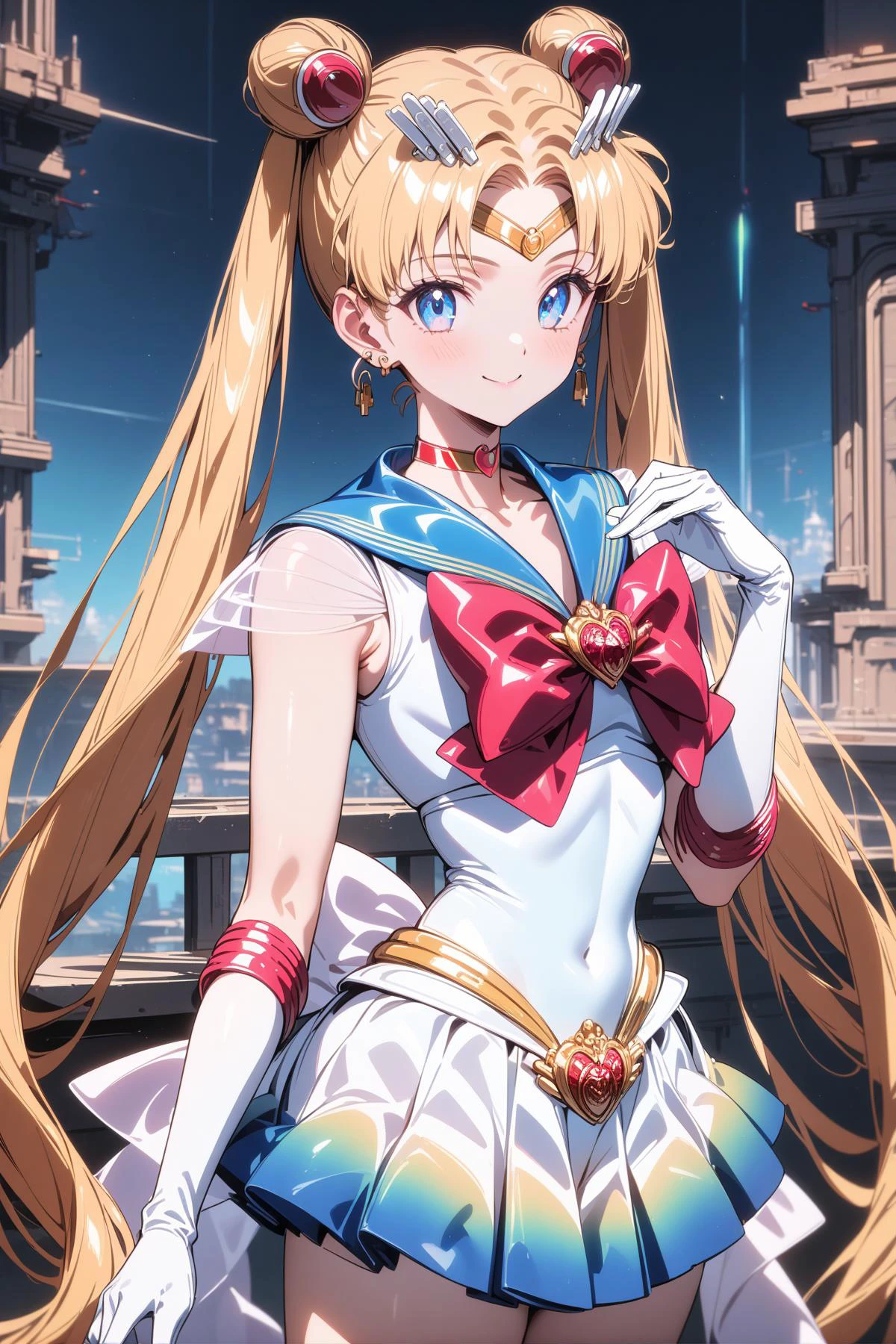 1girl, solo,<lora:sdxl-lyco-supersailormoon-animagine_xl_3_1-v3:1>, supersailormoon, double bun, twintails, circlet, earrings, choker, bow, white leotard,gloves, miniskirt, relaxed posture, elbows extended, standing , ,smile, best quality, ultra-detailed,masterpiece , intricate details, 4k,, newest, (retro:-1.0) ,(1990s:-1.0), BREAK in the distant future