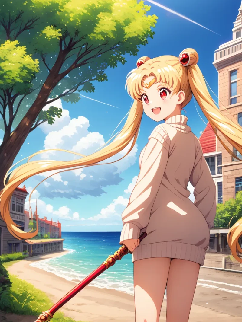 1girl, :d, blonde hair, blue sky, building, cloud, cloudy sky, day, from behind, holding, holding polearm, holding weapon, letterboxed, long hair, long sleeves, ocean, open mouth, outdoors, plant, red eyes, sky, smile, solo, sweater, tree, twintails, weapon
<lora:sdxl-supersailormoon-ponyDiffusionV6XL-AdamW8bit-v1-2-1-000018:0.7>
supersailormoon