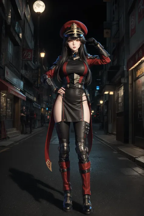 beautiful detailed girl,extremely detailed eyes and face,beautiful detailed eyes,huge filesize,ultra-detailed,an extremely delicate and beautiful,extremely detailed,CG,unity,8k wallpaper,Amazing,finely detail,masterpiece,best quality,official art,extremely detailed CG unity 8k,shiny,city,street,moonlight,lamppost,
//,
1girl,solo,(full body:1.3),looking at viewer,long hair,clothed,medium breasts,
//,
(cityscape:1.2),<lora:trzcz:0.85>,searchlight,science fiction,Armor,glowing,clothing,mecha,infantry armor,zcz,red black,tail,claw pose,paw pose,
solo,front,helmet,kabuto,tr02,looking at viewer,orange eyes,Red Commissar Hat,
