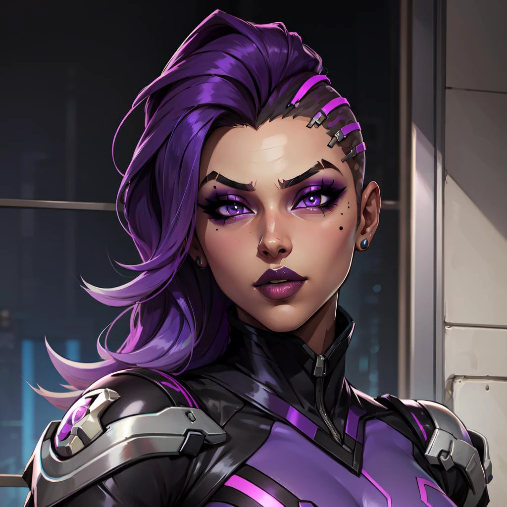 <lora:Sombra:0.8> sombra_(overwatch), dark-skinned female, dark skin, purple hair, makeup, multicolored hair, asymmetrical hair, two-tone hair, mole, mole under eye, undercut, long hair, lipstick, purple eyes, eyeshadow