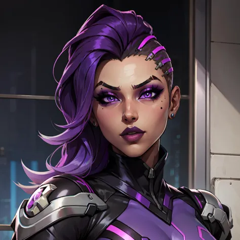 <lora:Sombra:0.8> sombra_(overwatch), dark-skinned female, dark skin, purple hair, makeup, multicolored hair, asymmetrical hair, two-tone hair, mole, mole under eye, undercut, long hair, lipstick, purple eyes, eyeshadow