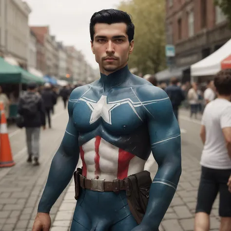 medium portrait of average looking man, upper body, (captain america:0.87) (bodypaint:1.07), promotional photograph, hdr, sharp focus, solo focus, black hair, facial hair, deep skin, street festival background, dof <lora:bodypaint1-12:1>