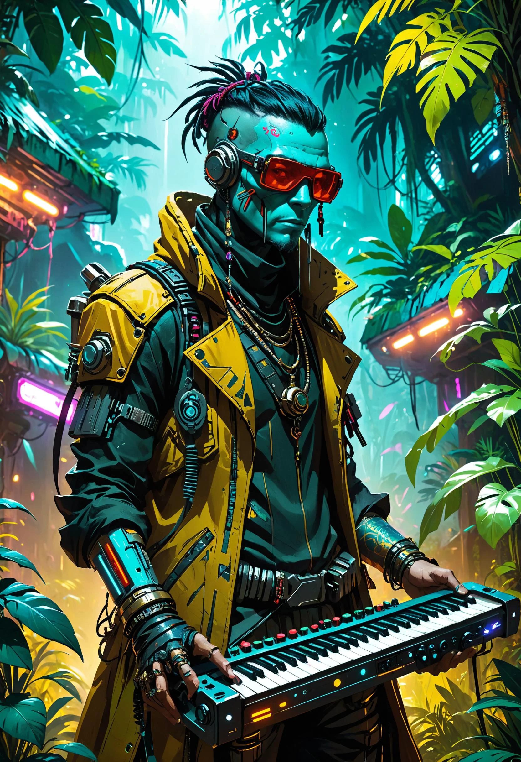 <lora:evil_villain:1> evil villain Cyberpunk nomad musician with augmented instruments, <lora:outrageous_fashion:1> outrageous fashion, Jungle with vibrant, exotic vegetation in the background, <lora:xl_more_art-full_v1:0.4>, <lora:MJ52:0.4>, Spotlighting, <lora:d\EnvyLiminalXL01:0.7> liminal, <lora:Dreamyvibes artstyle SDXL - Trigger with dreamyvibes artstyle:0.7> Dreamyvibes Artstyle, sharp focus, highly detailed