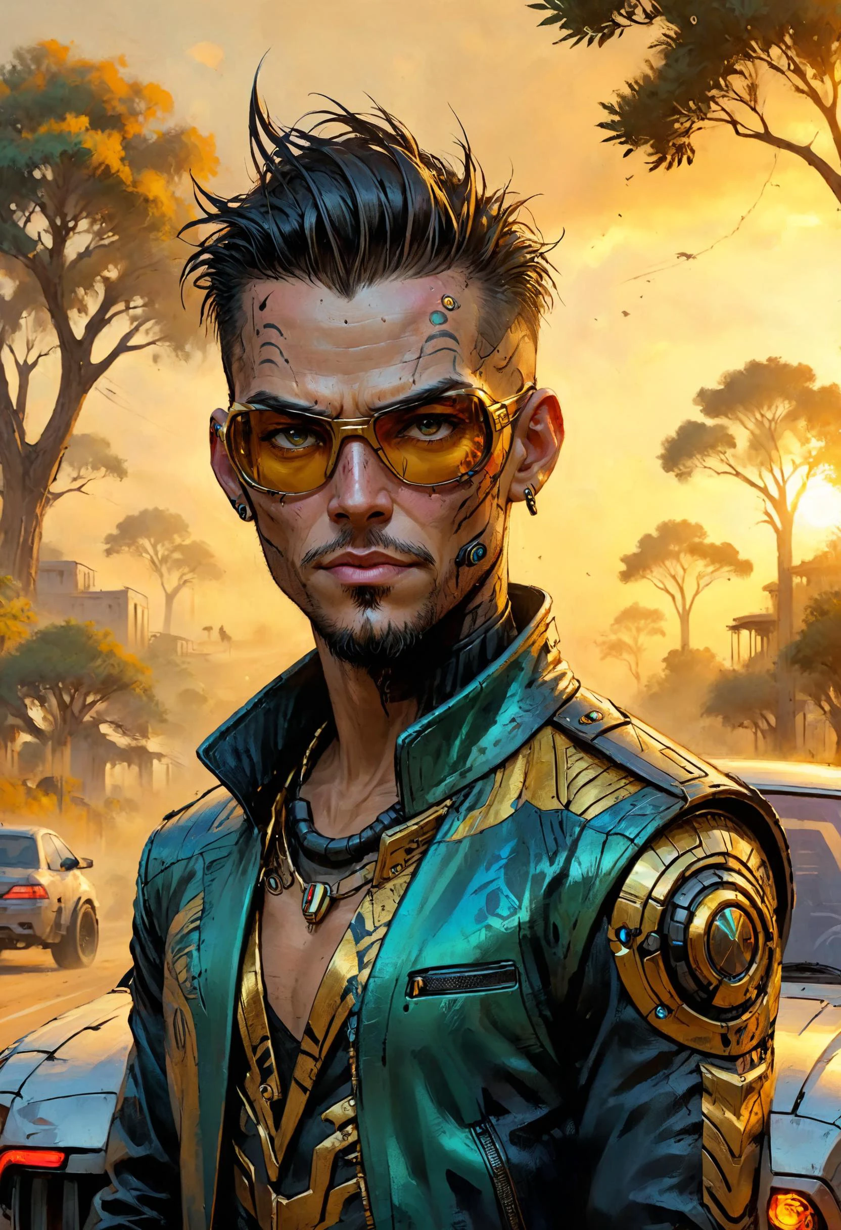 <lora:evil_villain:1> evil villain Cyberpunk street racer with neural reflexes, <lora:outrageous_fashion:1> outrageous fashion, Vast savannah with acacia trees in the background, <lora:xl_more_art-full_v1:0.4>, <lora:MJ52:0.4>, Golden hour, <lora:ParchartXL-2.0:1> on parchment, <lora:ral-colorswirl:0.7> ral-colorswirl, sharp focus, highly detailed