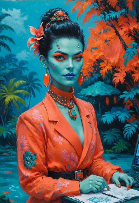 <lora:evil_villain:1> evil villain Cyberspace journalist with encrypted reports, <lora:outrageous_fashion:1> outrageous fashion, Tropical lagoon with vibrant coral in the background, <lora:xl_more_art-full_v1:0.4>, <lora:MJ52:0.4>, Overcast Light, <lora:EldritchDigitalArt1.2.1:0.8> impressionism oil painting, <lora:blacklight_makeup_v2:0.7> blacklight makeup, sharp focus, highly detailed