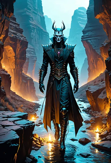 <lora:evil_villain:1> evil villain Biohacker creating designer genetic modifications, <lora:outrageous_fashion:1> outrageous fashion, Deep canyon with narrow river in the background, <lora:xl_more_art-full_v1:0.4>, <lora:MJ52:0.4>, Dramatically lit, <lora:d\EnvyLiminalXL01:0.7> liminal, <lora:IPXL_v8:0.7> inkpunk style, sharp focus, highly detailed