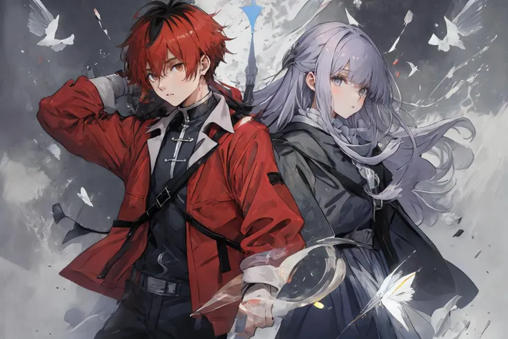 masterpiece, best quality, highres,
1girl fern, black jacket white dress,
1boy stark, red jacket open clothes black pants,
<lora:stark_fern_3:0.95>