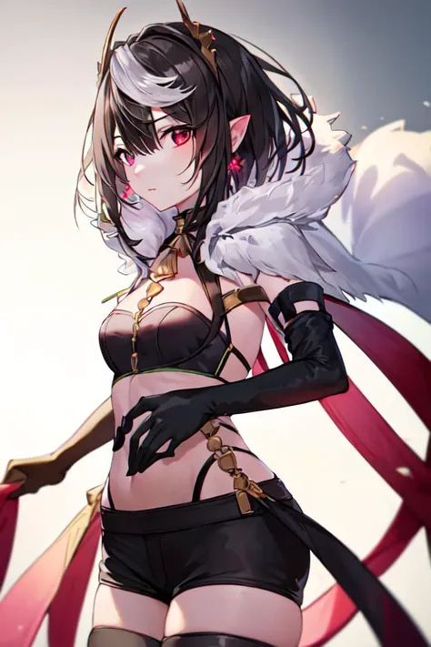masterpiece, best quality, high quality, absurdres, intricate details, 8k, nice hands, perfect hands,
1girl, solo, maouariel, looking at viewer, gloves, black gloves, elbow gloves, fur trim, jewelry, thighhighs, shorts, black shorts, cape, arms at sides, standing,
<lora:GoodHands-vanilla:1>, <lyco:GoodHands-beta2:1.0>, <lora:MaouAriel:0.8>