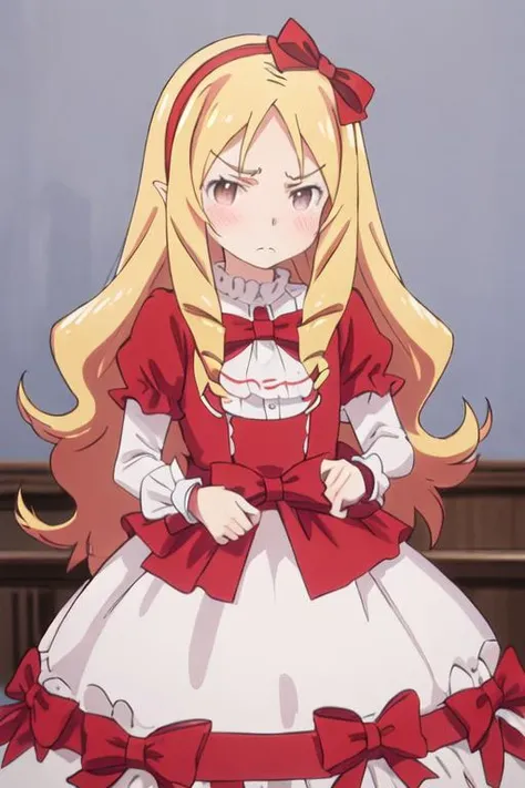 best quality, masterpiece, highres, solo, {yamada_elf_eromangasensei:1.15}, blonde_hair, long_hair, blush, drill_hair, brown_eyes, bow, hair_bow, pointy_ears, red_bow, hairband, 1girl, closed_mouth, red_hairband, frown, parody, portrait, looking_at_viewer