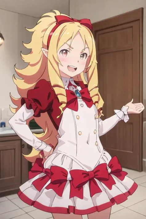best quality, masterpiece, highres, solo, {yamada_elf_eromangasensei:1.15}, blonde_hair, long_hair, blush, drill_hair, brown_eyes, bow, hair_bow, pointy_ears, red_bow, hairband, 1girl, anime_coloring, indoors, parody, looking_at_viewer, open_mouth, red_hairband, smile, :d, style_parody