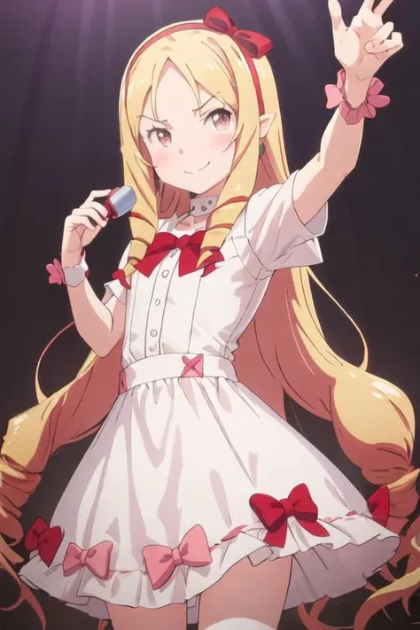 best quality, masterpiece, highres, solo, {yamada_elf_eromangasensei:1.15}, blonde_hair, long_hair, blush, drill_hair, brown_eyes, bow, hair_bow, pointy_ears, red_bow, hairband, 1girl, closed_mouth, looking_at_viewer, red_hairband, twin_drills, upper_body, dress, smile
