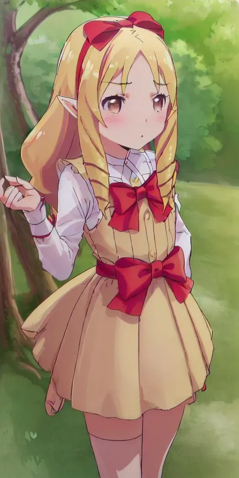 (((Ultra-HD-details, Ultra-HD-detailed, Ultra-HD-realistic))) 1girl, outdoors, <lora:yamada_elf_eromangasensei:1> yamada-elf-eromangasensei, blonde-hair, long-hair, blush, drill-hair, brown-eyes, bow, hair-bow, pointy-ears, red-bow, hairband