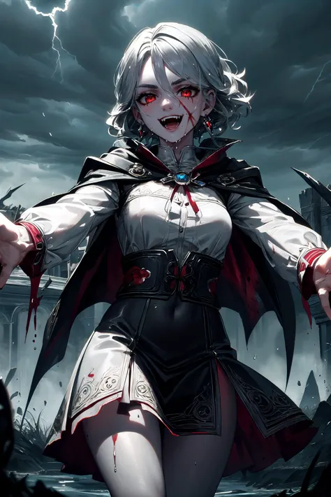(masterpiece, best quality, detailed), 1girl, solo, looking at viewer, <lora:W3Ciri:0.8>, (W3Ciri), white hair, green eyes, scar on face, <lora:VampiricTech:0.95>, vamptech, blood, vampiric, red eyes, fangs, vampire costume, black cape, pale skin, dress, jewelry, outdoors, lightning, rain, cloudy sky, wet, storm, wind, spread arms, outstretched arms, smile, open mouth, teeth, evil smile, v-shaped eyebrows