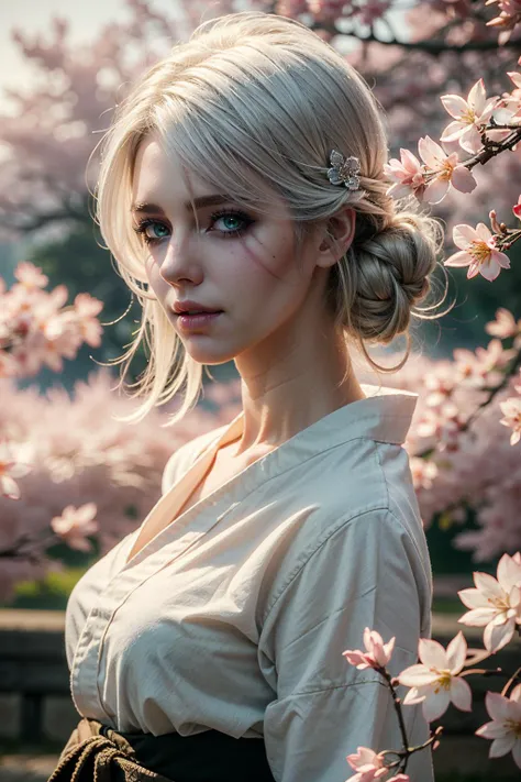 ((ultra detailed, masterpiece, best quality))
<lora:W3Ciri:0.8>
W3Ciri, 1girl, solo, white hair, green eyes, scar on face, yukata, japan, cherry blossoms, hair ornament