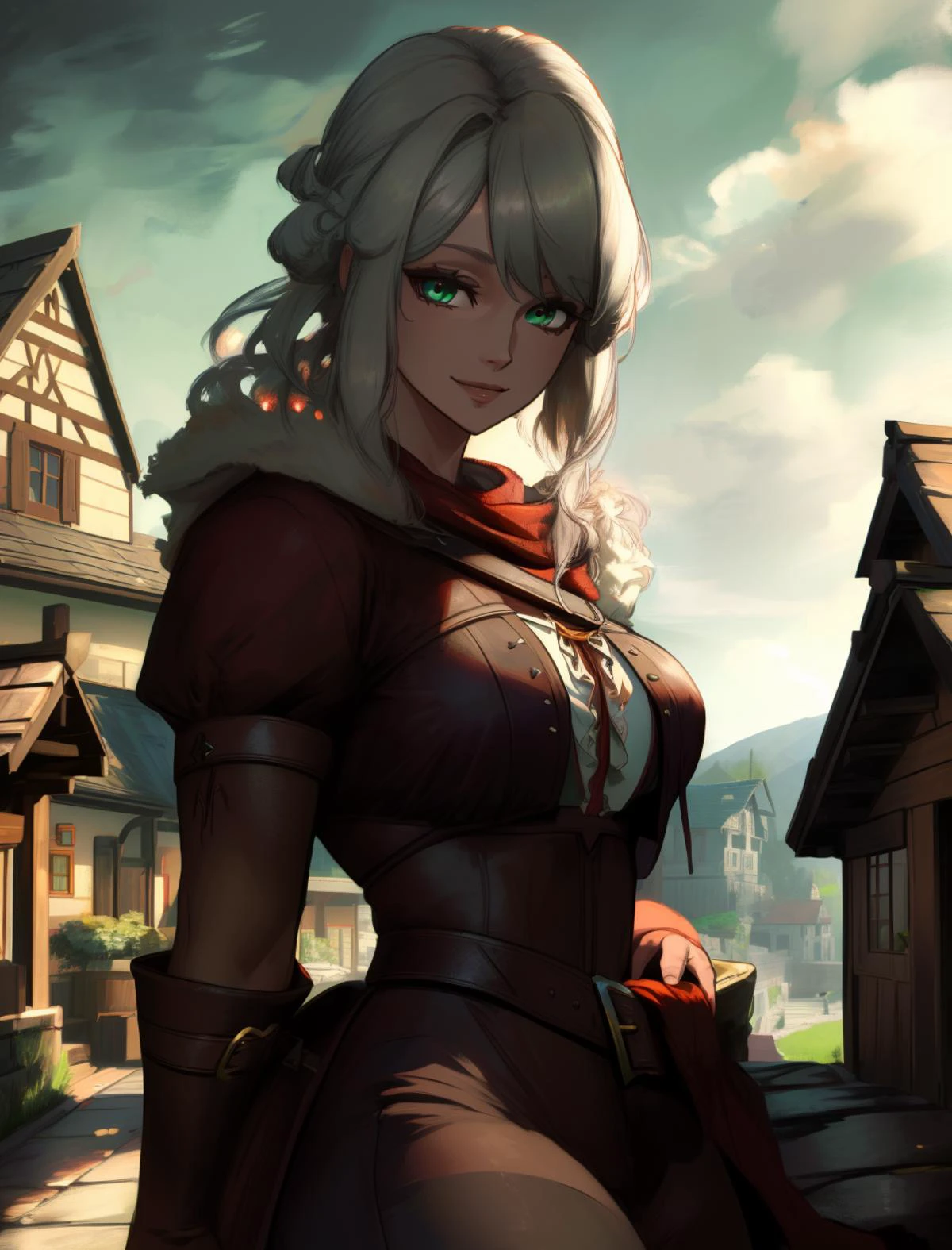 ( masterpiece, best quality, highres:1.3) <lora:CiriWitcher:0.7> CiriWitcher, white hair, green eyes, in a village, smiling, (dark red)