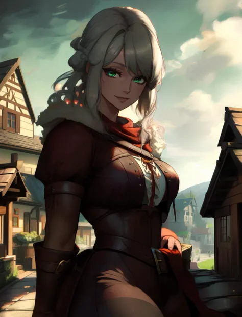 ( masterpiece, best quality, highres:1.3) <lora:CiriWitcher:0.7> CiriWitcher, white hair, green eyes, in a village, smiling, (dark red)