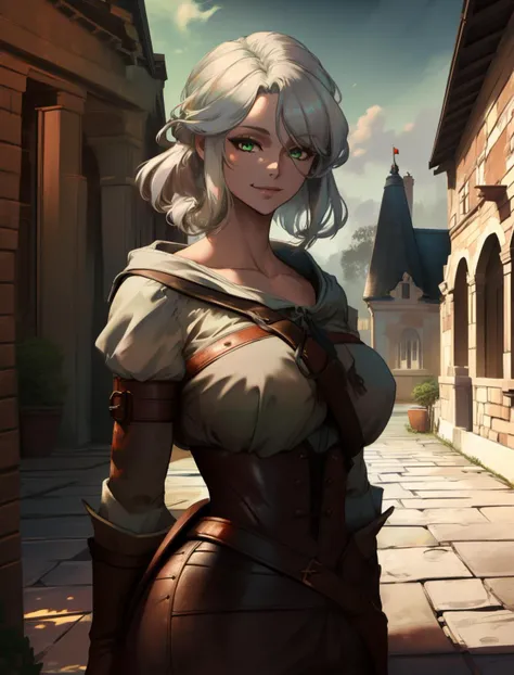 ( masterpiece, best quality, highres:1.3) <lora:CiriWitcher:0.7> CiriWitcher, white hair, green eyes, in a courtyard, smiling, (yellow)