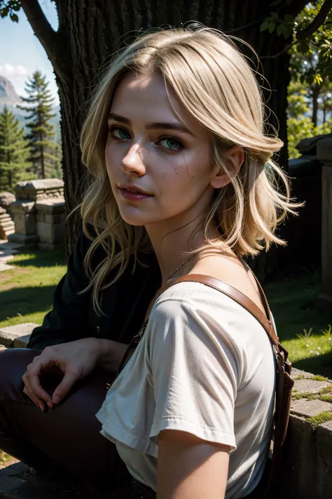 A stunning full color intricate portrait in Ultra-HD, a 23 year old girl, detailed face, ((ultra detailed, masterpiece, best quality)), W3Ciri, 1girl, solo, scar on face, hair ornament, Deep in a mystical forest, surrounded by ancient ruins, wearing an ethereal, green eyes, glowing eyes, white hair, medival shirt, brown pants, siting, smile, epic character composition . . alessio albi, nina masic, sharp focus, natural lighting, subsurface dispersion, f2, 35mm