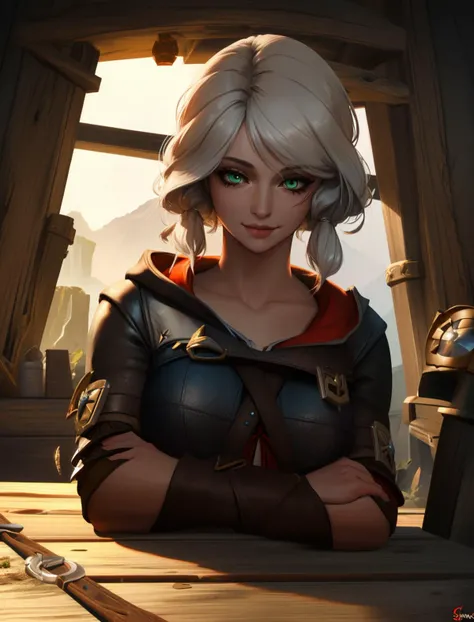 ( masterpiece, best quality, highres:1.3) <lora:CiriWitcher:0.7> CiriWitcher, white hair, green eyes, on a dirt road, smiling, (red) dimly lit,league of legends concept art, artgerm, sciamano240