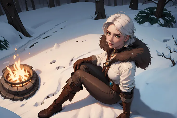 <lora:W3Ciri:0.7> W3Ciri, (masterpiece, best quality, artstation, absurdres, fantasy), from above, sitting by the bonfire, looking to the side, 1girl, solo, white hair, (green eyes:0.9), eyeshadow, scar on face, wide hips, warm jacket with fur collar, white shirt, witcher medallion, brown pants, brown long gloves, strap, outdoors, forest, snowing, snow, winter, dark shot, oppressive atmosphere, dark atmosphere, sharp focus, cinematic composition,