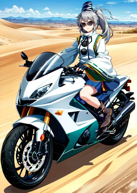 (masterpiece, high quality,shiny skin:1.2) ,<lora:more_details:0.1>, <lora:GoodHands-beta2:1>, (((riding a motorcycle))),driving,1girl,<lora:mononobenofuto:1>,mononobe no futo, hat,long hair,grey hair, ponytail, grey eyes, shirt,skirt,ribbon,japanese clothes,wide sleeves, long sleeves, looking_at_viewer,(desert landscape) , ((Fingerless gloves, Spiked accessories, Sunglasses))