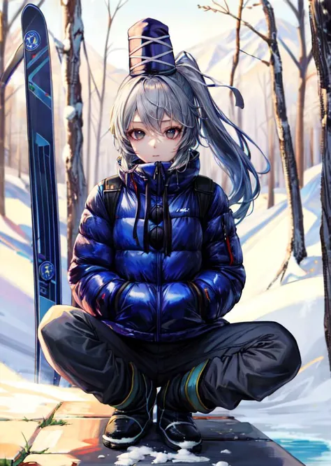 (masterpiece, high quality,shiny skin:1.2),(vivid color:1.3), <lora:GoodHands-beta2:1>, <lora:add_detail:0.5>,<lora:mononobenofuto:1>,1girl,mononobe no futo, hat,long hair,grey hair, ponytail, grey eyes, long sleeves, looking_at_viewer, Ski: Ski pants, ski jacket, thermal top, and snow boots, barefoot, forest, mountain, stream,