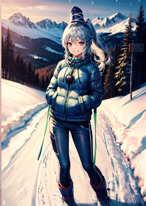 (masterpiece, high quality,shiny skin:1.2),(vivid color:1.3), <lora:GoodHands-beta2:1>, <lora:add_detail:0.5>,<lora:mononobenofuto:1>,1girl,mononobe no futo,knit hat,long hair,grey hair, ponytail, grey eyes, long sleeves, looking_at_viewer, Ski: Ski pants, ski jacket, thermal top, and snow boots, barefoot, forest, mountain, stream,smile,grin