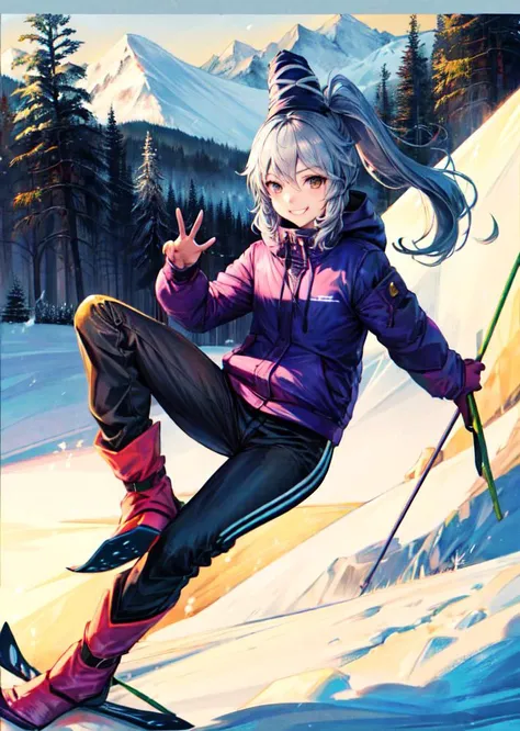(masterpiece, high quality,shiny skin:1.2),(vivid color:1.3), <lora:GoodHands-beta2:1>, <lora:add_detail:0.5>,<lora:mononobenofuto:1>,1girl,mononobe no futo,knit hat,long hair,grey hair, ponytail, grey eyes, long sleeves, looking_at_viewer, Ski: Ski pants, ski jacket, thermal top, and snow boots, barefoot, forest, mountain, stream,smile,grin
