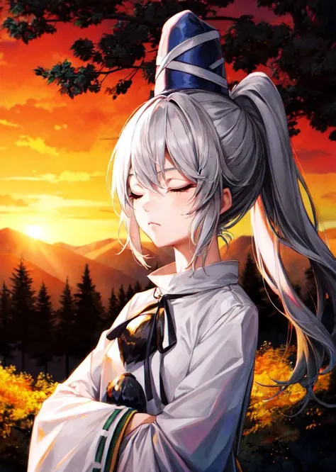 (masterpiece, high quality,shiny skin:1.2),(vivid color:1.3), <lora:GoodHands-beta2:1>, <lora:add_detail:0.4>,<lora:mononobenofuto:1>,1girl,mononobe no futo, hat,long hair,grey hair, ponytail, shirt,skirt,ribbon,japanese clothes,wide sleeves, long sleeves,looking at view, forest, mountain,(sunset),Backlit,front view,closed eyes,crossed arms,frown,upper body,close up