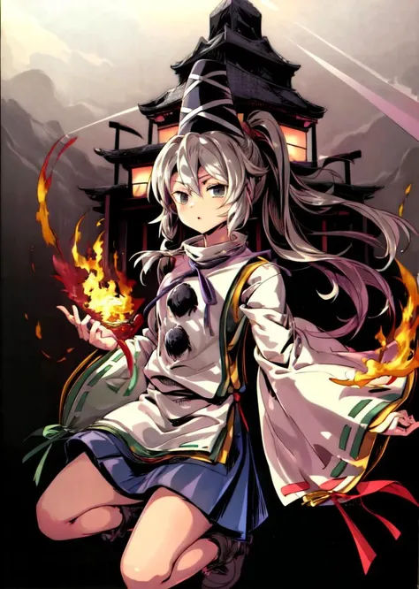 (masterpiece, high quality ,8k reaslistic,extremely detailed) ,<lyco:ShinyOiledSkin_v20-LyCORIS:0.5> ,<lora:more_details:0.1>, <lora:add_detail:0.6>,<lora:GoodHands-beta2:1>,<lora:mononobenofuto:1>,1girl,mononobe no futo, hat,long hair,grey hair, ponytail, grey eyes, shirt,skirt,ribbon,japanese clothes,wide sleeves, long sleeves,temple,fire,conflagration, <lora:EtrianV2.1:1>