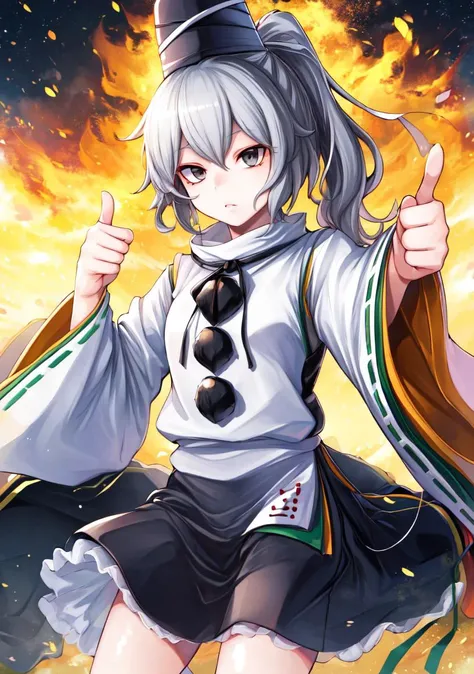 (masterpiece, high quality,shiny skin:1.4) ,vivid color, high contrast,<lora:more_details:0.3>, <lora:GoodHands-beta2:1>,1girl,<lora:mononobenofuto:1>,mononobe no futo, hat,long hair,grey hair, ponytail, grey eyes, shirt,skirt,ribbon,japanese clothes,wide sleeves, long sleeves,thumbs up,looking at view,temple,<lora:yasuda-suzuhito_Fp:0.8>