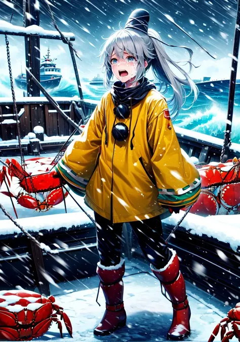 (masterpiece, high quality,shiny skin:1.4) ,vivid color, high contrast,<lora:more_details:0.3>, <lora:GoodHands-beta2:1>,<lora:mononobenofuto:1>,1girl,mononobe no futo,long hair,grey hair, ponytail, grey eyes,wearing yellow raincoat,rubber gloves,rubber boots, long sleeves,BREAK,<lora:crabFishing:0.4>,(((boat,crying,crab,holding net,snow,snowing,too many crabs))),