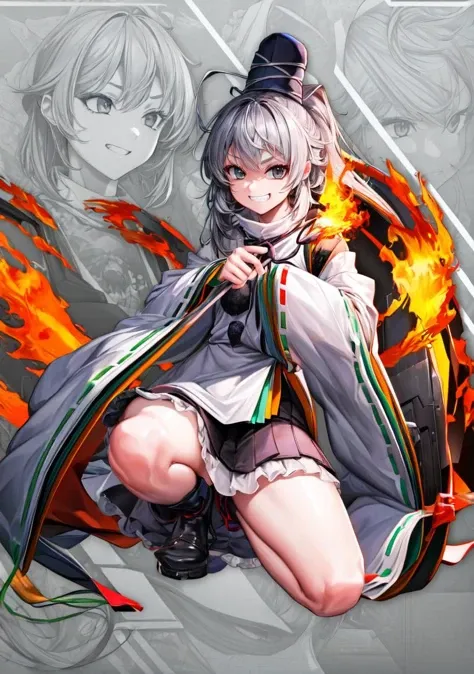 (masterpiece, high quality,shiny skin:1.4) ,vivid color, high contrast,<lora:more_details:0.3>, <lora:GoodHands-beta2:1>,1girl,<lora:mononobenofuto:1>,mononobe no futo, hat,long hair,grey hair, ponytail, grey eyes, shirt,skirt,ribbon,japanese clothes,wide sleeves, long sleeves, BREAK,<lora:NikkeProfile:1>,full body, zoom layer, (fire on hand, holding fire:1.3), one knee, grin