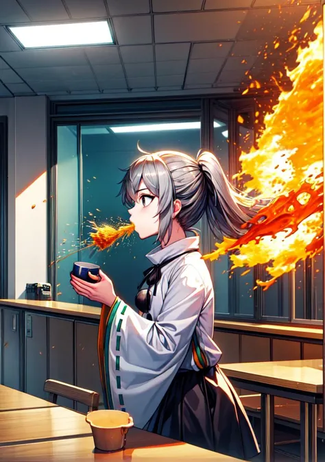 (masterpiece, high quality,shiny skin:1.4) ,vivid color, high contrast,<lora:more_details:0.3>, <lora:GoodHands-beta2:1>,<lora:mononobenofuto:1>,1girl,mononobe no futo, hat,long hair,grey hair, ponytail, grey eyes,shirt,skirt,ribbon,japanese clothes,wide sleeves, long sleeves, <lora:spitTake:0.5>, drinking,from side,(((blowing fire out of mouth,blowing, fire))),office,office desk,office interior,
