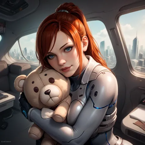 score_9, score_8_up, score_7_up, semi-realistic, source_western, professional photograph of slim <lora:Sarah KerriganPonyLora:1> long hair, srahkrrign, ponytail, redhead, she's in a futuristic modern city, wearing a breastplate and bodysuit, goggles on head, and a skin tight outfit, she is hugging a giant plush doll, hugging a big stuffed bear, <lora:Realistic000003_1_2.5DAnime_0.05_Merge1:0.5> rating_questionable <lora:RMSDXL_EnhanceDetails:1> <lora:xl_more_art-full_v1add-detail:1>