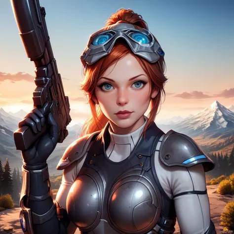 score_9, score_8_up, score_7_up, semi-realistic, source_western, professional photograph of slim <lora:Sarah KerriganPonyLora:1> long hair, (srahkrrign), ponytail, redhead, she's in a mystical planet with tall mountains made of crystal, wearing goggles on head, breastplate and dark blue bodysuit, she's holding a rifle, she's walking through a path in between tall crystal mountains. Sunny day, tense action scene, orange sky. <lora:Realistic000003_1_2.5DAnime_0.05_Merge1:0.5> rating_questionable <lora:RMSDXL_EnhanceDetails:1> <lora:xl_more_art-full_v1add-detail:1>