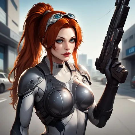 score_9, score_8_up, score_7_up, semi-realistic, source_western, professional photograph of slim <lora:Sarah KerriganPonyLora:1> long hair, srahkrrign, ponytail, redhead, she's in a futuristic modern city, wearing a breastplate and bodysuit, goggles on head, and a skin tight outfit, holding a rifle, shooting at zerg aliens, in the streets, taking cover behind barricade, <lora:Realistic000003_1_2.5DAnime_0.05_Merge1:0.5> rating_questionable <lora:RMSDXL_EnhanceDetails:1> <lora:xl_more_art-full_v1add-detail:1>