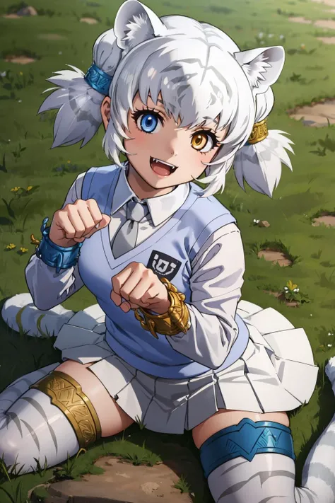 masterpiece, best quality, <lora:kemonofriends_byakko-10:0.9> kfbyakko, twintails, tiger ears, heterochromia, tiger tail, white sweater vest, necktie, long sleeves, tiger print, white skirt, thighhighs, bracelet, paw pose, :D, fangs, field, wariza, from above