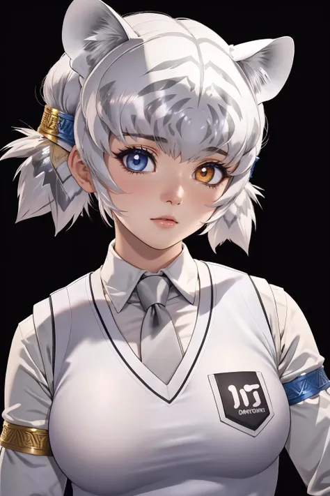 <lora:kemonofriends_byakko:1> kfbyakko, twintails, tiger ears, heterochromia, tiger tail, white sweater vest, necktie, long sleeves, tiger print, bracelet, extreme close up, looking at the viewer, large eyes