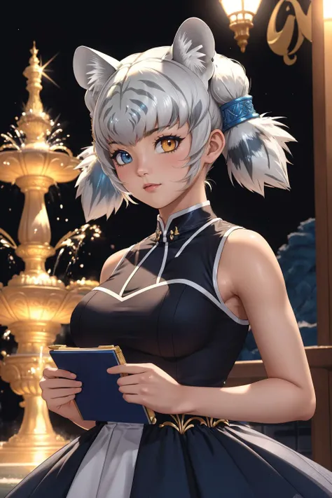 ultra detailed, sharp focus, best quality, masterpiece, colorful, <lora:kemonofriends_byakko:1> kfbyakko, twintails, tiger ears, heterochromia, tiger tail, tiger print, sleeveless, dark blue elegant ballgown, best quality, masterpiece, intricate details, fountain background