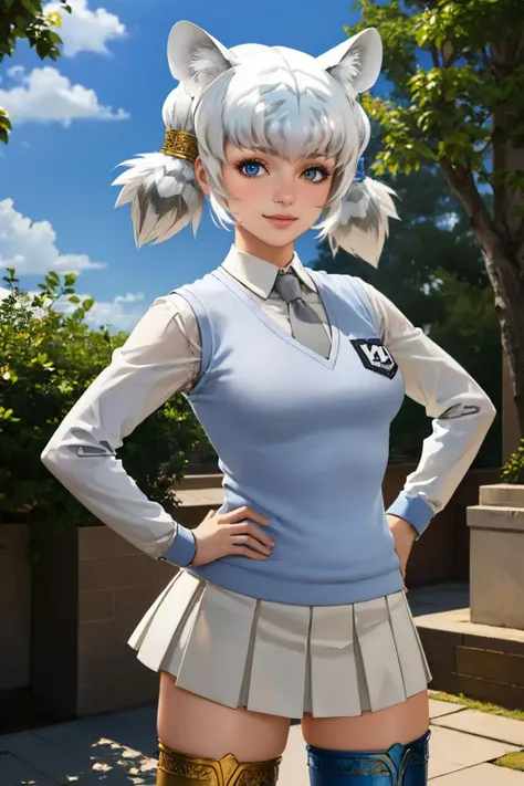 (masterpiece, best quality:1.2), solo, 1girl, kfbyakko, smile, looking at viewer, hands on hips, twintails, tiger ears, (heterochromia:1.1), white sweater vest, necktie, long sleeves, tiger print, white skirt, thighhighs, tiger tail <lora:kemonofriends_byakko-10:1>