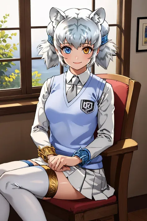 (masterpiece, best quality:1.2), solo, 1girl, kfbyakko, smile, looking at viewer, sitting, chair, twintails, tiger ears, heterochromia, white sweater vest, necktie, long sleeves, tiger print, white skirt, thighhighs, bracelet, tiger tail, indoors <lora:kemonofriends_byakko-10:1>