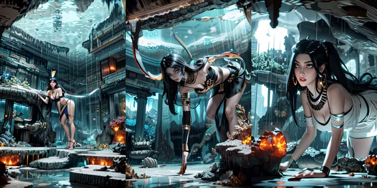 highly insanely detailed, masterpiece, top quality, best quality, highres, 4k, 8k, RAW photo, ((ancient egyptian theme:1.2)), Hong Kong structure, building, structure, taiwan, korean, 
(long_hair, long hair, random colors hair, glowing hair, hair over one eye, long messy hair), 
(eyelashes, eyeliner, eyeshadow, eyelashes, long eyelashes), 
collar, earrings, jewelry, necklace, armlet, 
high-heels, 
tentacle, (underwater), nsfw, 
cleavage, perfect female body, makeup, 
swirling energy, 
action pose, 
drunk, biting, 
reflection, reflective floor, 
abandoned building, overgrown with vegetation, [volumetric fog], cinematic lighting, colorful, colourful, 
<lora:RainWorld:0.8>, (RainWorld:0.8), (bikini), (cave:1.4)