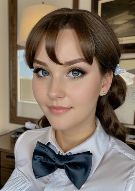 close-up portrait of ang13gr1 <lora:Angie Griffin:0.99>, (perfect face), bow tie, shirt