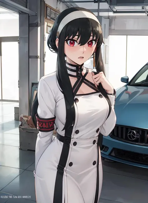 ((best quality)), ((highly detailed)), masterpiece, absurdres, detailed face, beautiful face, (detailed eyes, deep eyes), (1girl), cowboy shot, ((wide shot)), <lora:yor4:.9>, yor, black hair, short hair, short hair with long locks, bangs, sidelocks, white hairband, red eyes, armband, (inside, at a garage, car), <lora:twistedscarlett60v2:1>