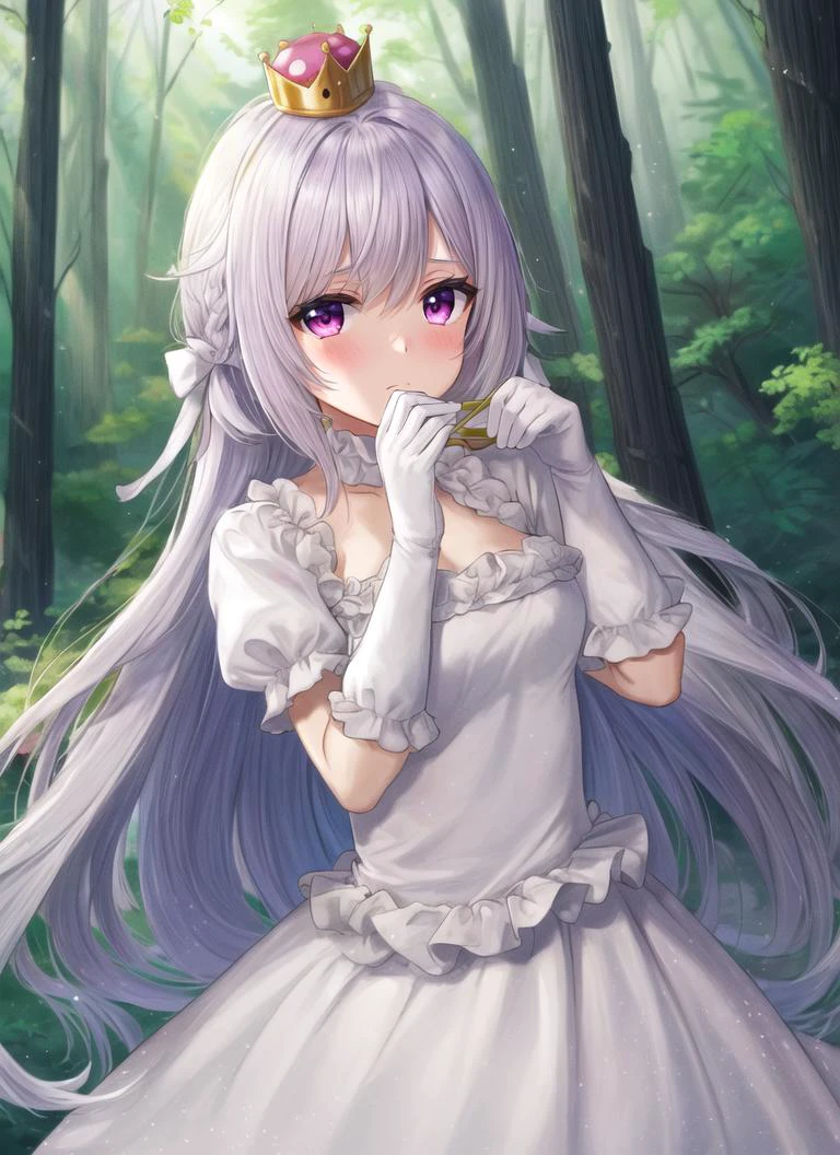 ((best quality)), ((highly detailed)), masterpiece, detailed face, beautiful face, (detailed eyes, deep eyes), (1girl), cowboy shot, <lora:hairdetailer:1>, <lora:princessKingBoo_v10:1>, very long hair, white hair, white clothes, elbow gloves, crown, (pink colored eyes), (((blush))), (at a dense forest, forest canopy), <lora:twistedscarlett:1>, twistedscarlett