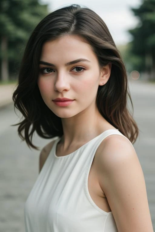 1girl, (face portrait), the most beautiful girl of the world, perfect eyes, closed mouth, looking at viewer, face imperfections, white dress, peaceful, relaxing, lo-fi, 40mm lens, depth of field, bokeh, 8k quality, RAW PHOTO, by professional photographer, rule of thirds, extremely detailed